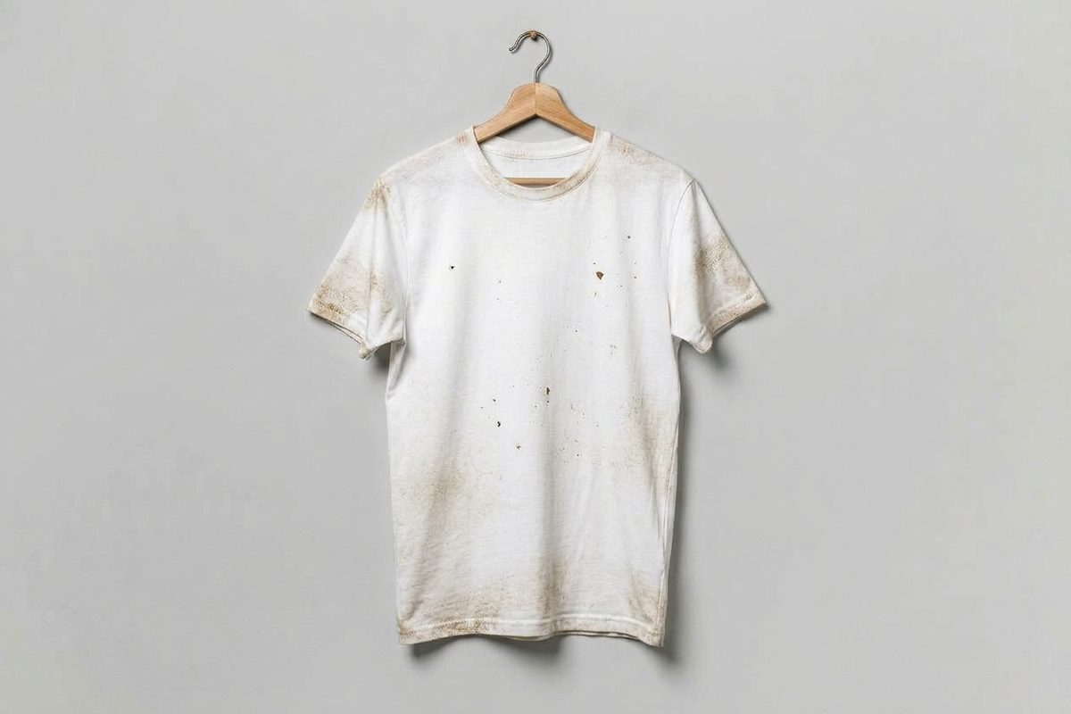 A white T-shirt with stains and marks before cleaning